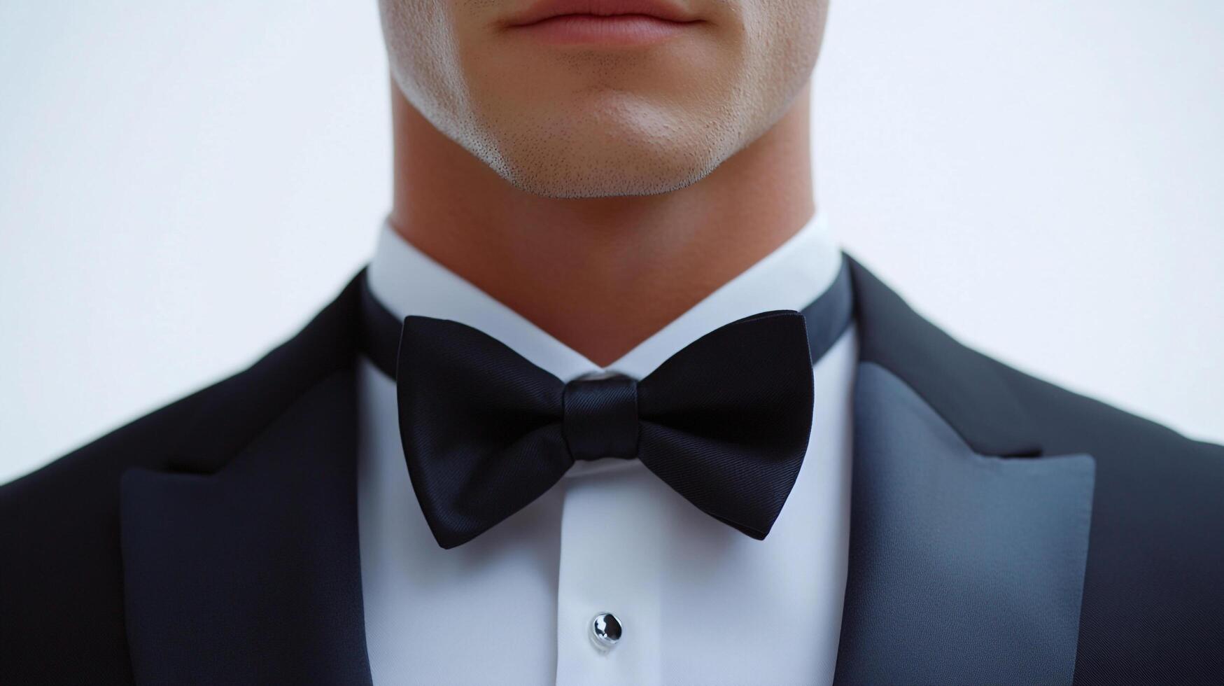 Close-up of a man's tuxedo, featuring a classic black bow tie, crisp white shirt, and elegant black jacket. The man's jawline is visible. photo