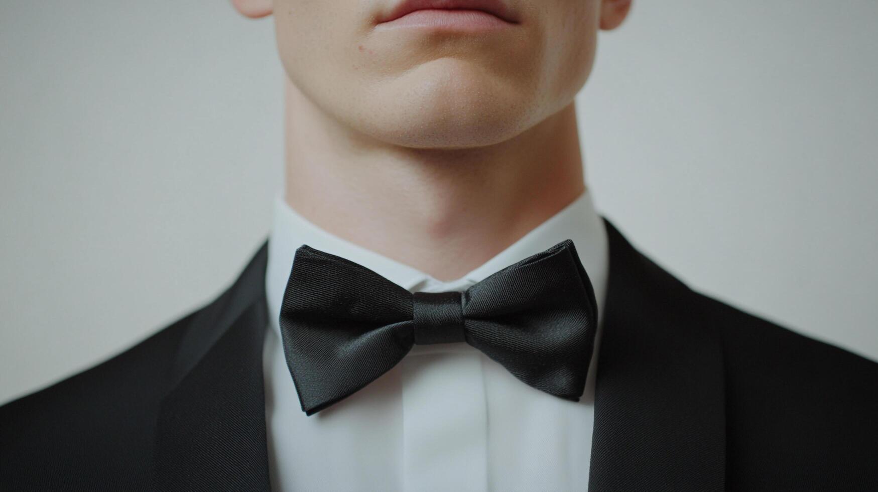 A sophisticated formal image, a man's bow tie and suit jacket suggest refined elegance. Classic, sharp details convey a sense of style and class. photo