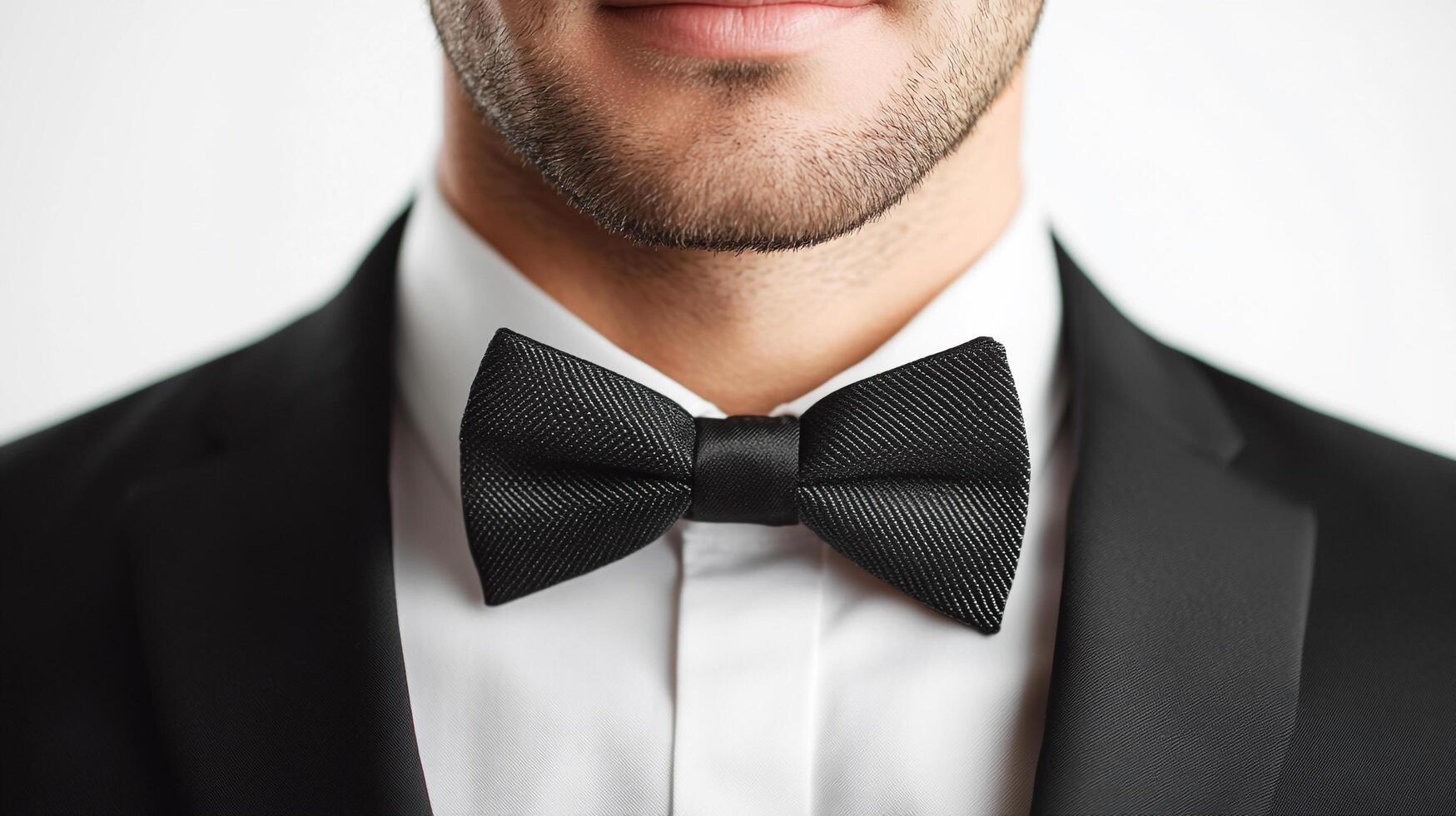 Close-up of a man wearing a black tuxedo and bowtie, exuding sophistication and style, perfect for formal occasions. photo