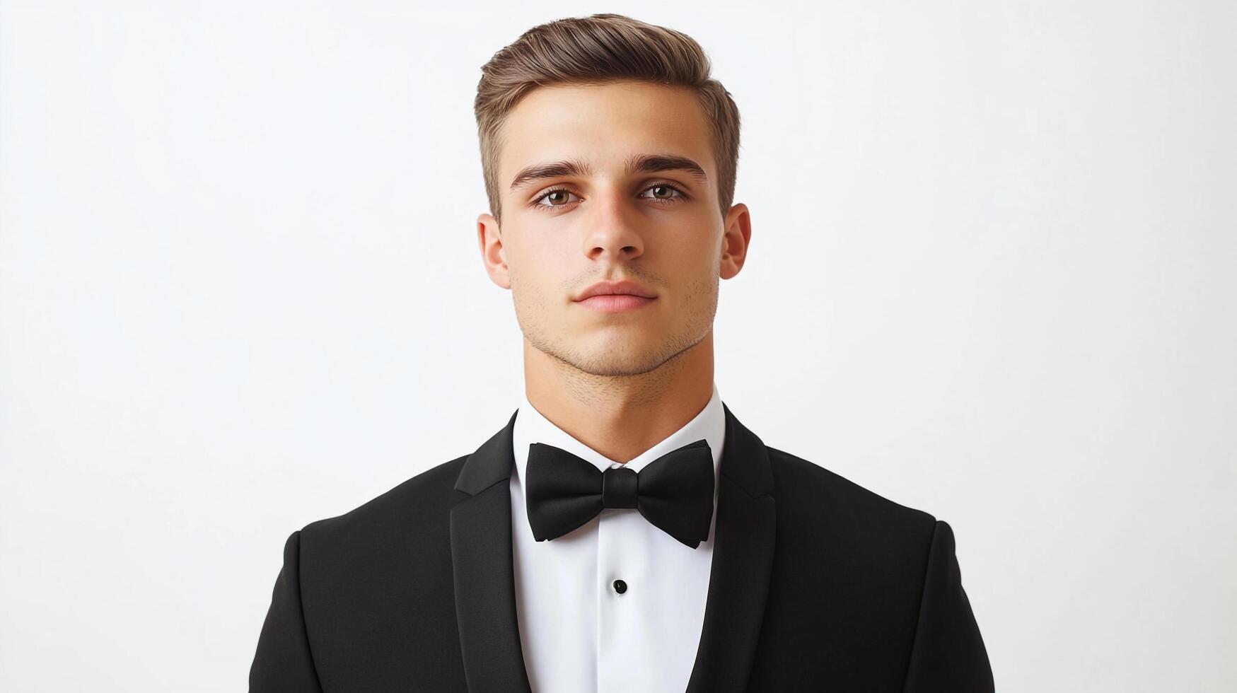Elegant man in formal wear, tuxedo and bow tie looking directly into the camera with a serious expression. Studio shot on a white background. photo