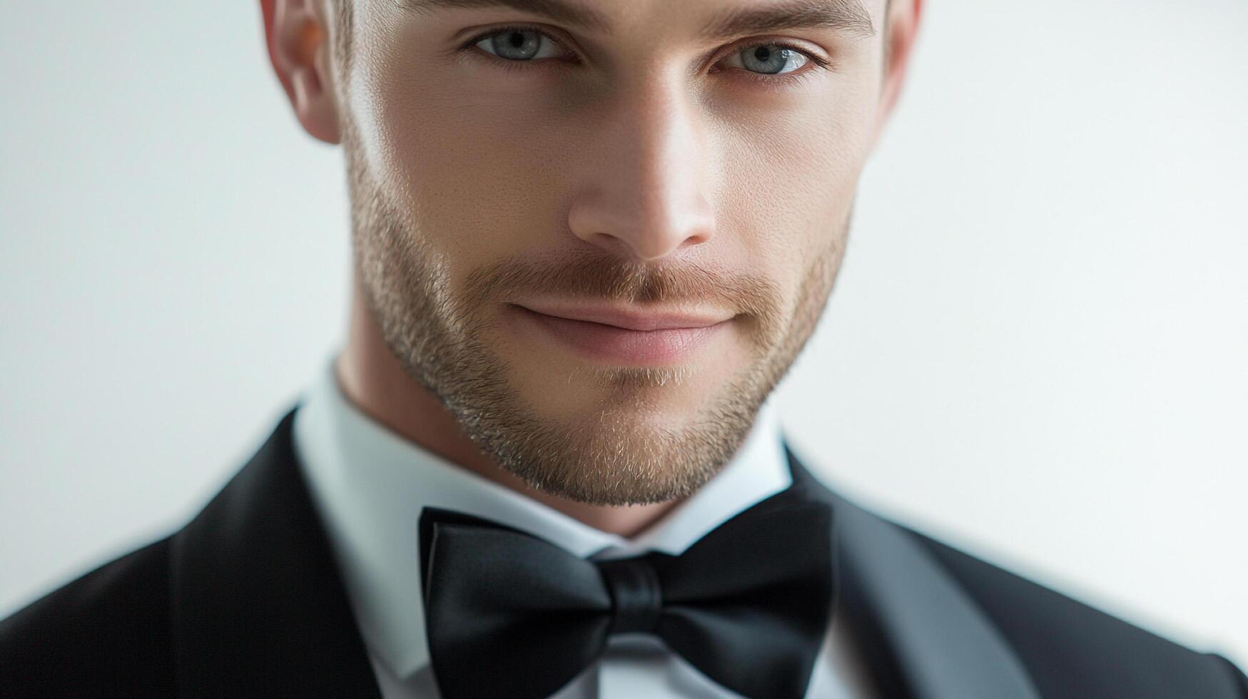 Portrait of elegant man with blue eyes, beard, bowtie, and tuxedo, exuding sophistication and poise against a neutral backdrop. photo