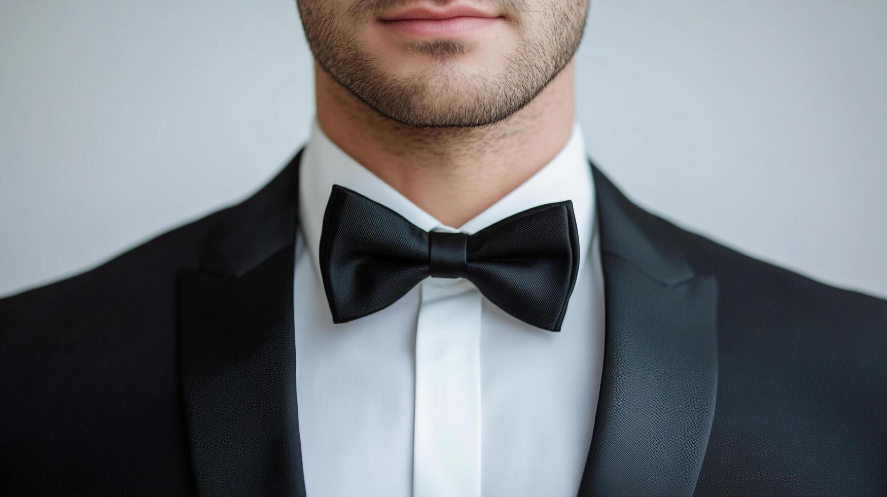 A close-up of a man in a formal black tuxedo, white shirt, and perfectly tied bow tie, showcasing classic elegance and sophistication. photo