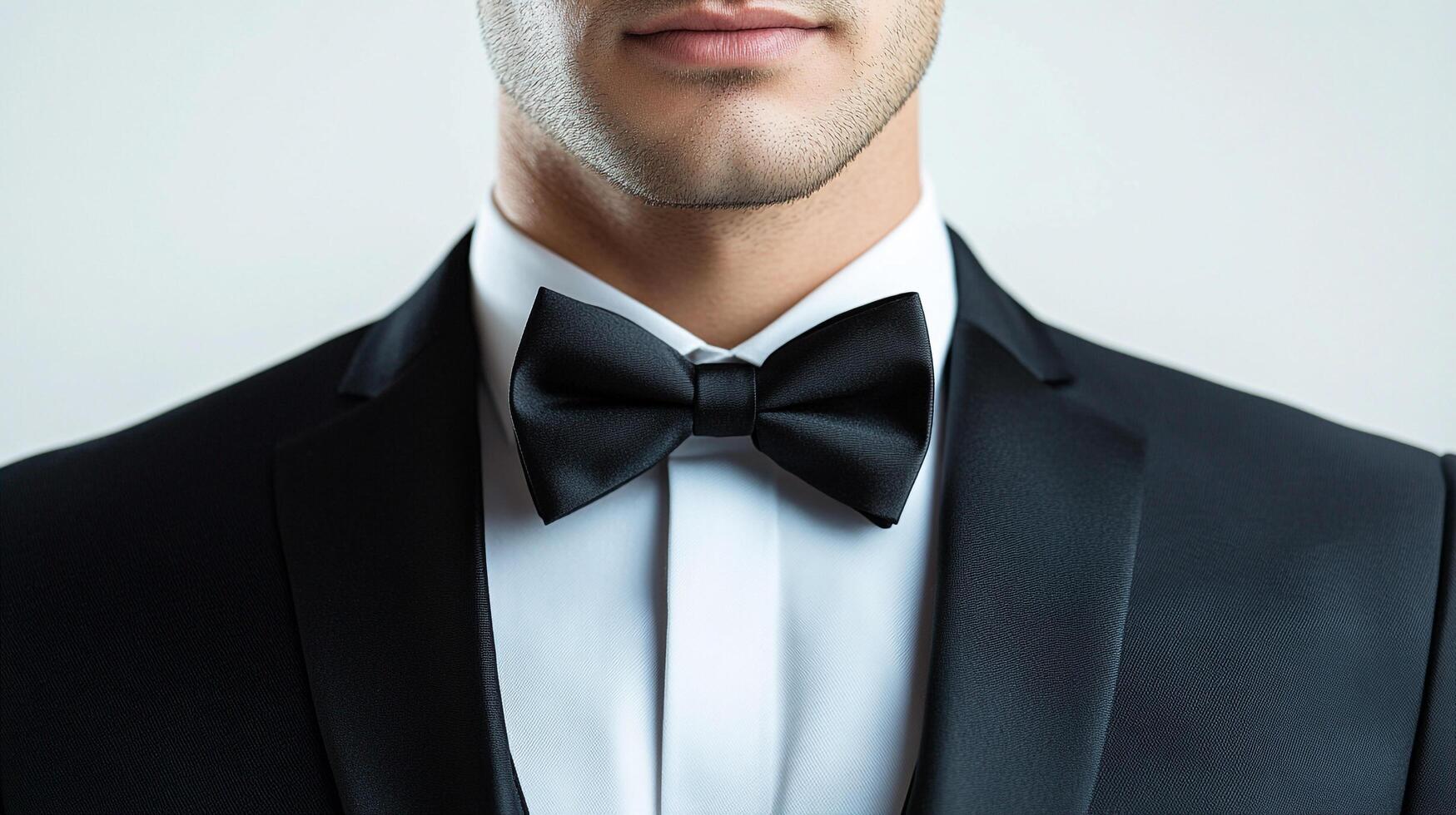 Elegant man in classic tuxedo, showcasing refined style with crisp white shirt and black bow tie, perfect for formal occasion. photo