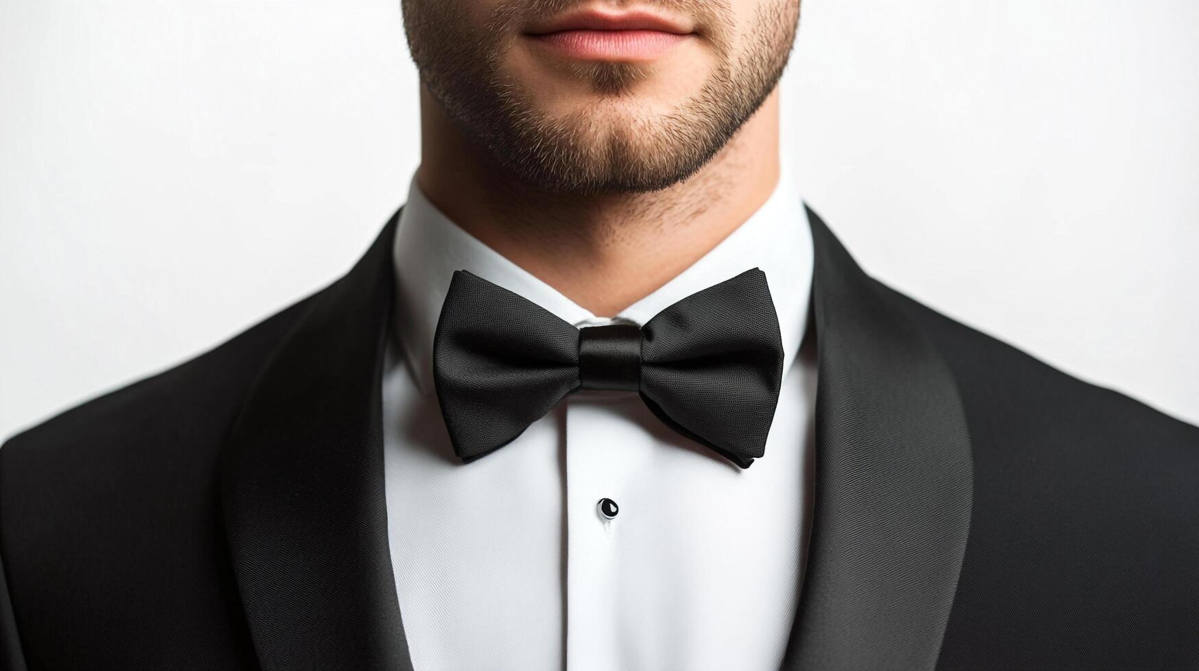 Formal attire featuring a black bow tie and tuxedo. Classic and sophisticated fashion. Neckwear for fancy events and important affairs. photo