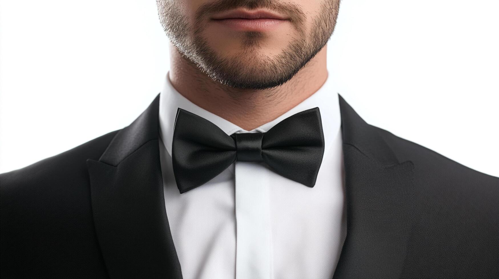 Elegant man in tuxedo featuring a black bow tie, symbolizing sophistication and timeless formal style for a special event. photo