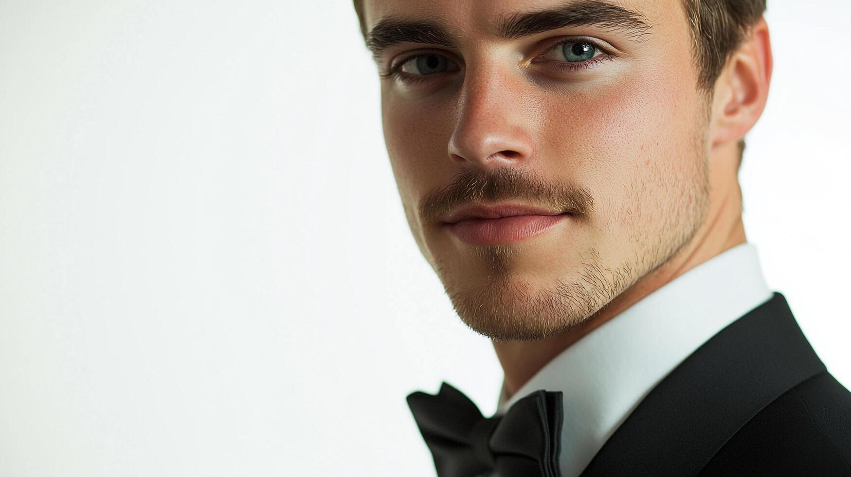 Portrait of a handsome man with blue eyes and a tuxedo, exuding confidence and sophistication in a classic formal attire. photo
