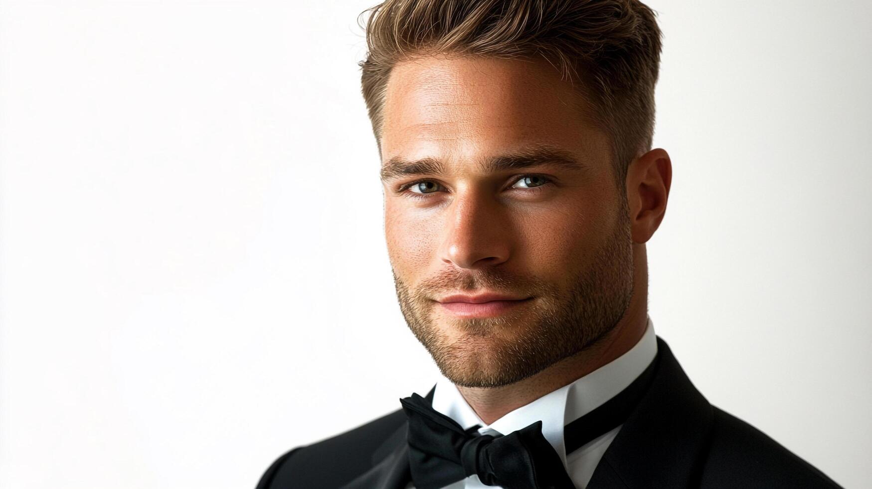 Handsome man poses in a tuxedo, his blond hair neatly styled. He exudes confidence with a slight smile against a white background. photo