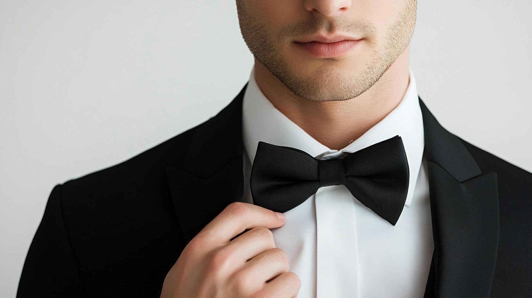 Elegant man in formal wear, black suit and bow tie, exuding sophistication. Hand adjusting tie against a light backdrop. photo