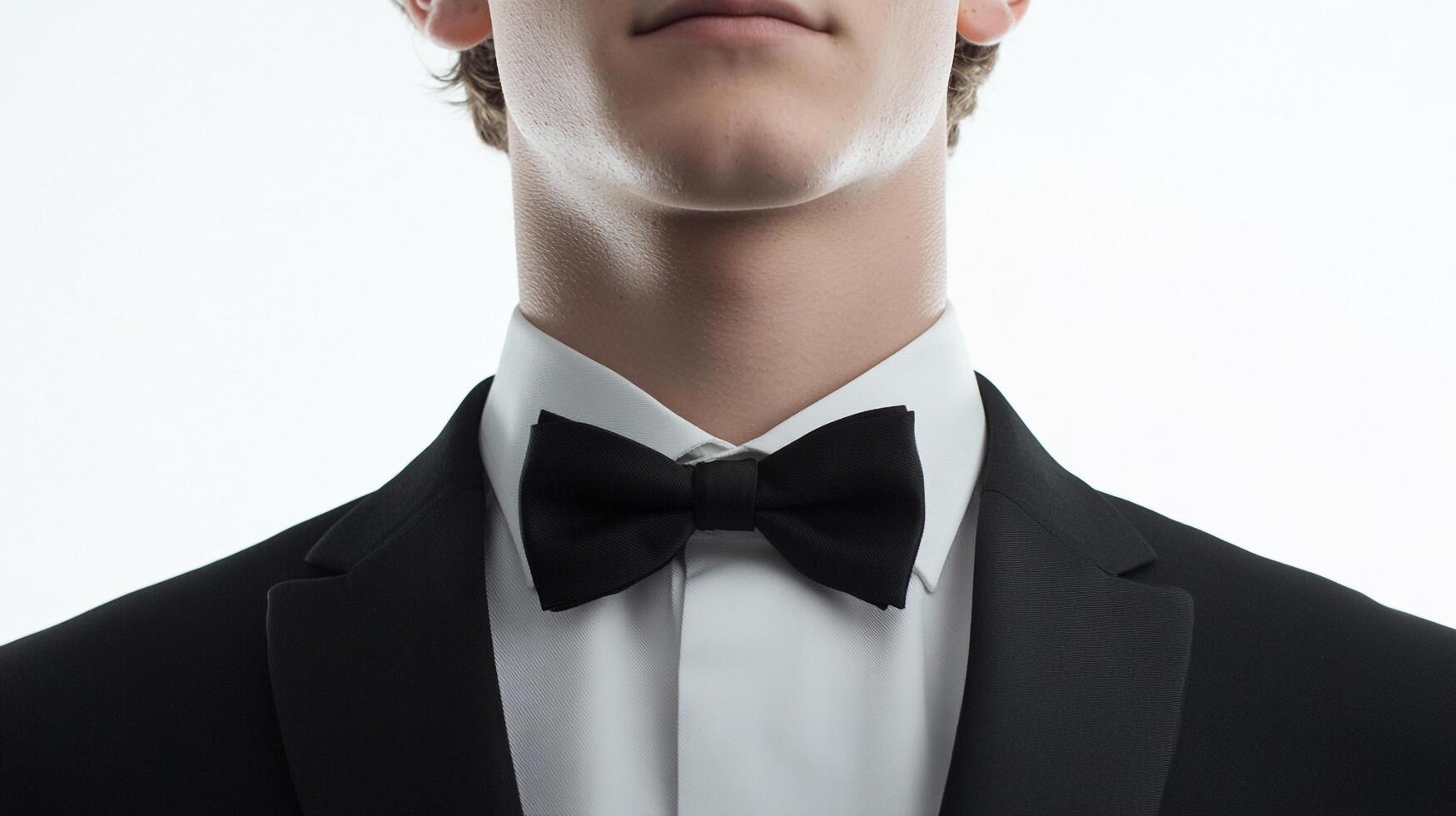 Close-up of a formally dressed person in a black tuxedo, white dress shirt, and black bow tie against a bright, white background. photo
