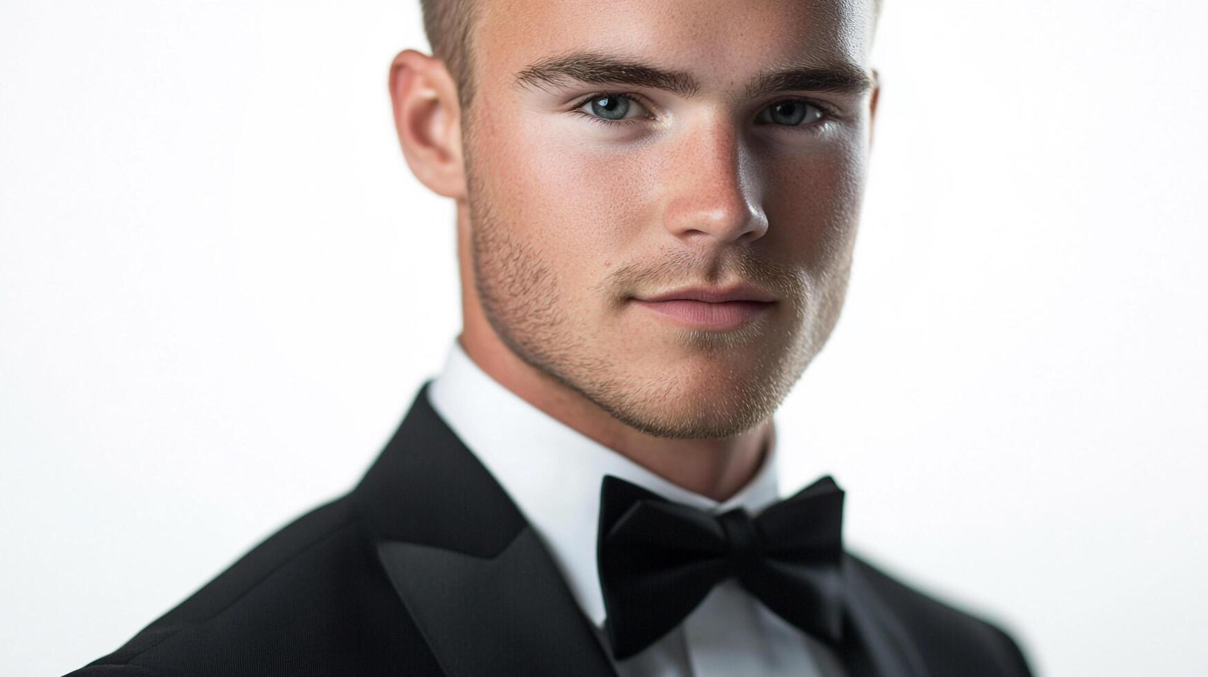 Portrait of a handsome, young man with blue eyes and blonde hair wearing a tuxedo with a bow tie against a bright white backdrop. photo