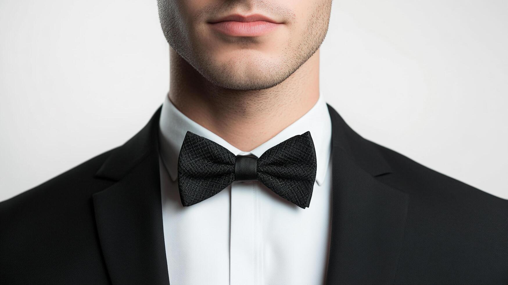 Formally dressed man with a neat bow tie, showcasing an elegant shirt and a sharp suit jacket against a neutral backdrop, ready for a gala photo