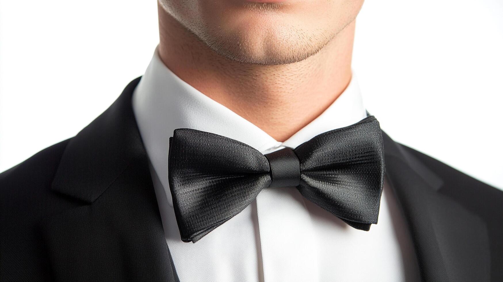 Close-up of a man wearing a black tuxedo and bow tie, showcasing formal wear and men's fashion against a clean, white background. photo