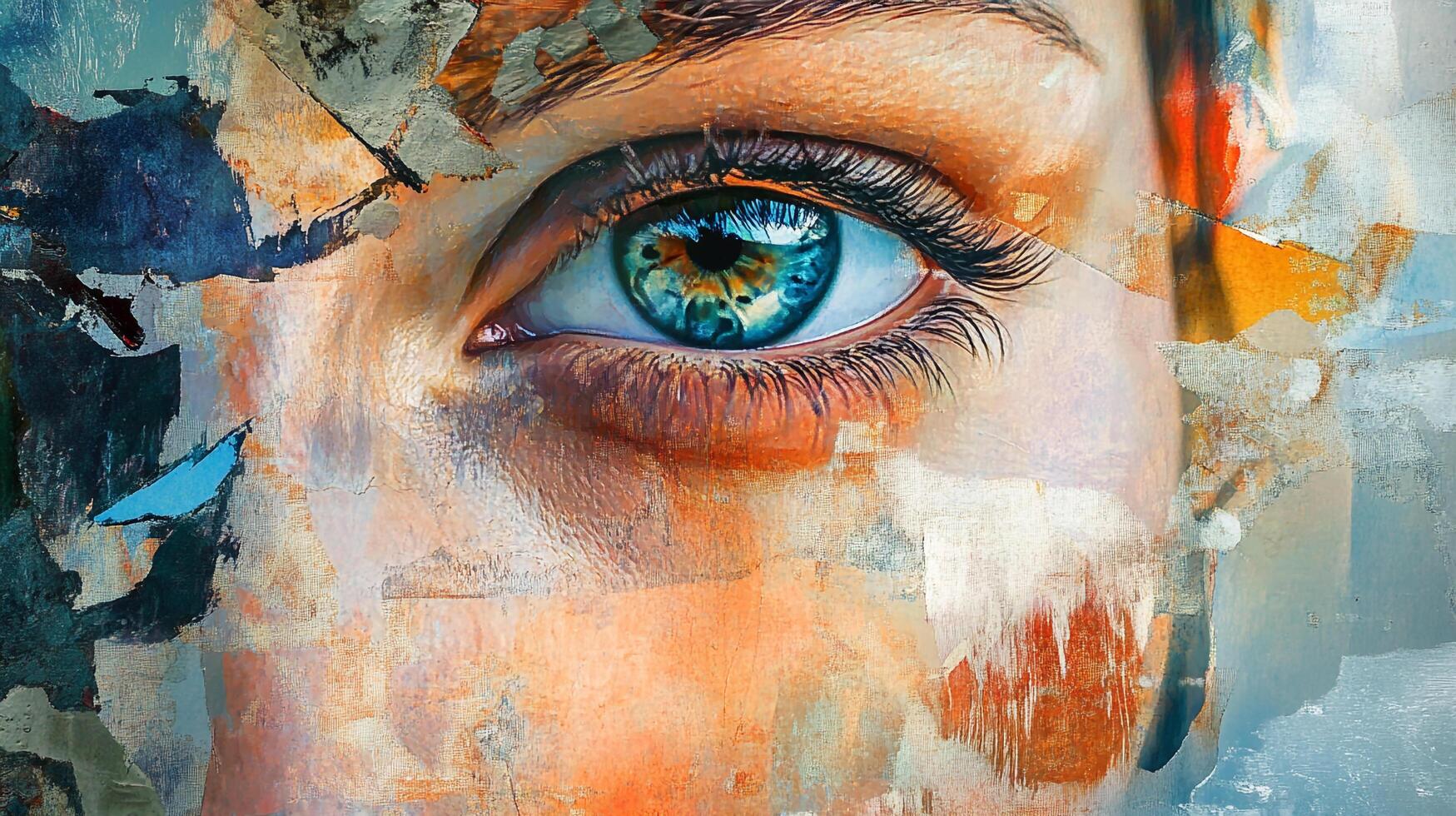 Painted eye portrait features detailed lashes and multicolored hues. The captivating artwork blends realism with abstract textures. photo