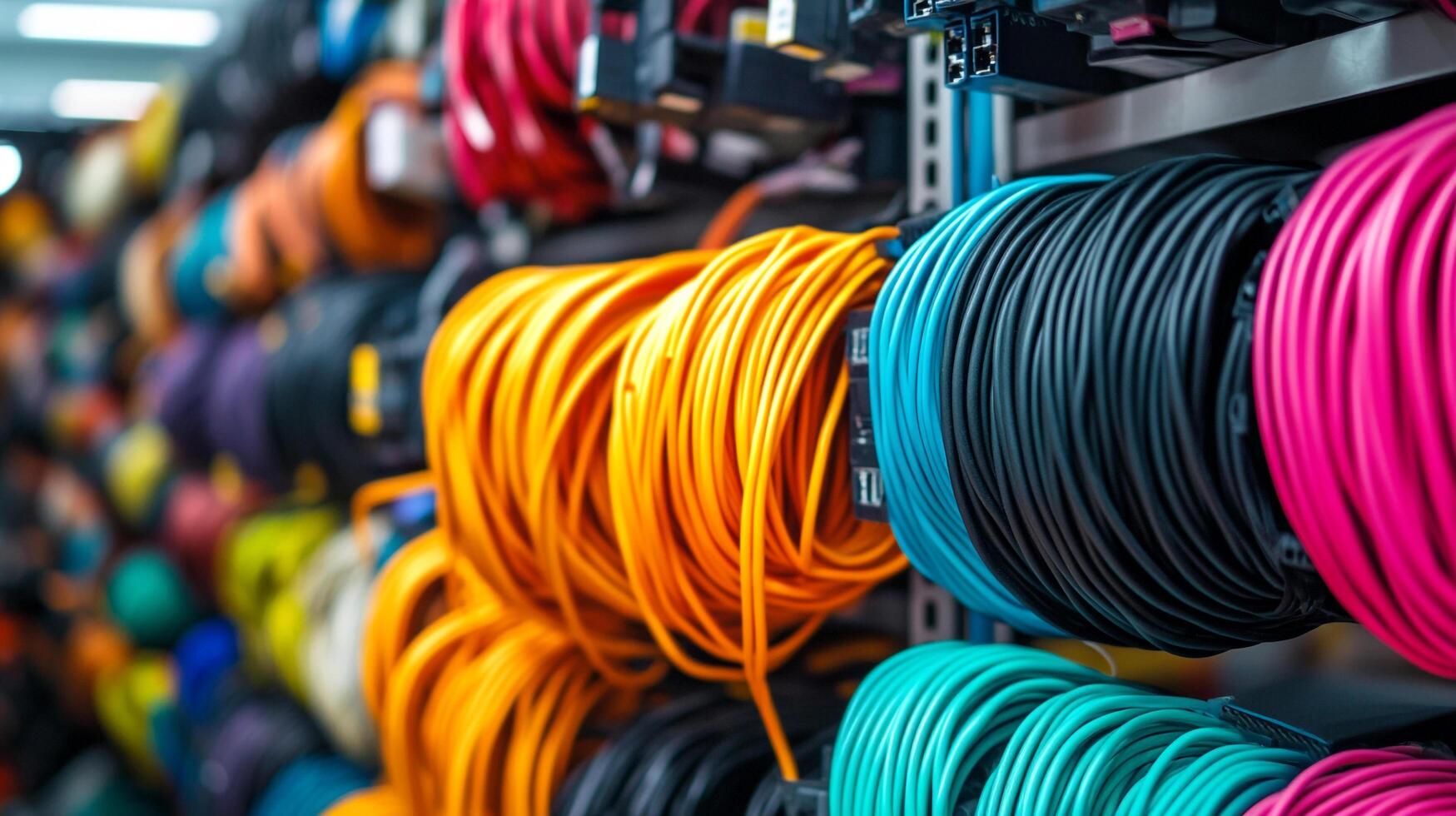 A vibrant array of colorful cables, neatly organized and displayed, showcases a spectrum of hues in this visually appealing arrangement. photo