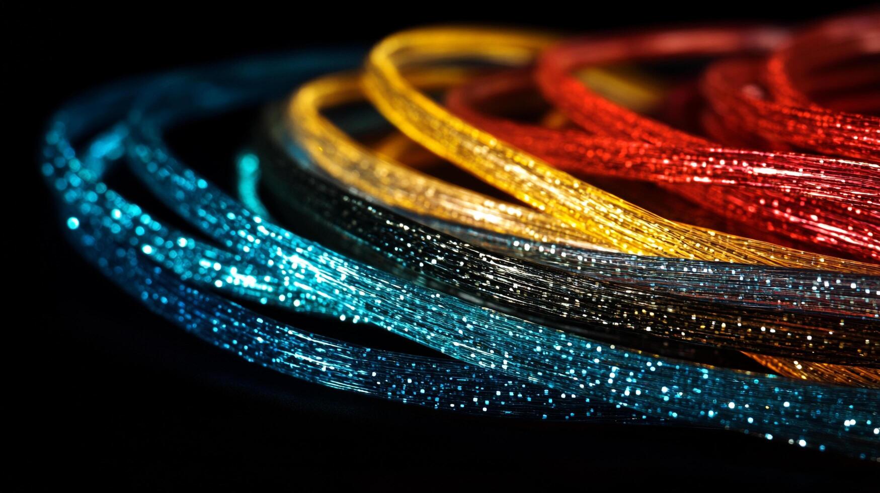 Abstract view of colorful fiber optic cables, shimmering with light, against a dark backdrop. Technology and connectivity represented. photo