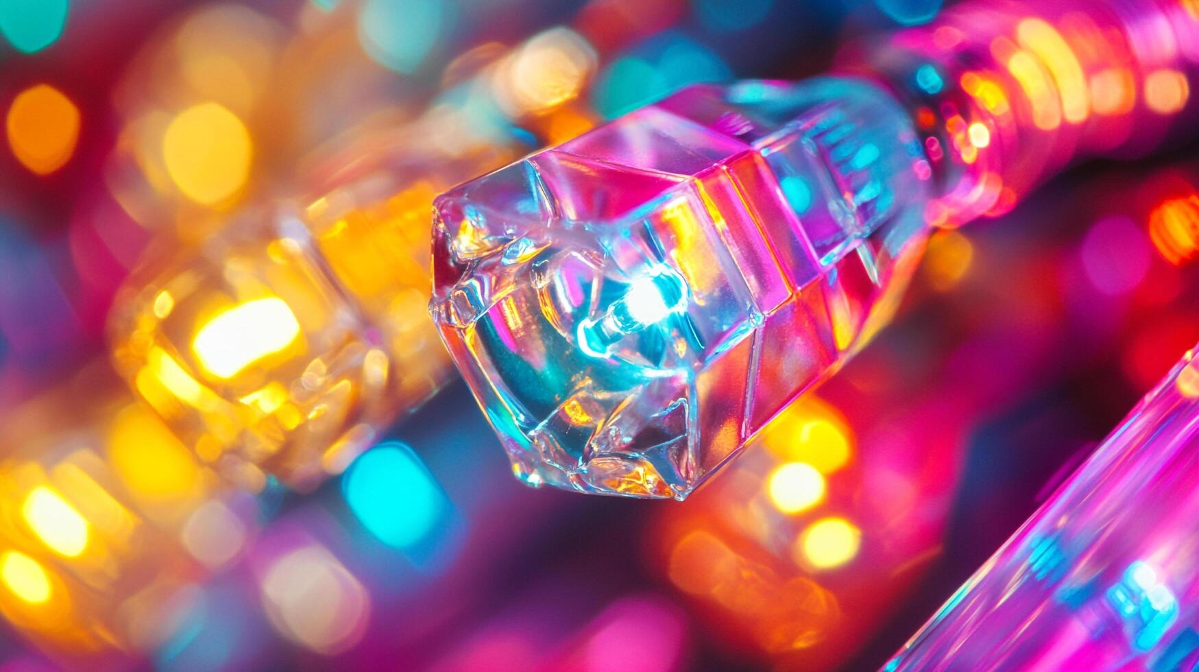 A close-up of faceted crystal lights, showcasing their vibrant, colorful reflections and sparkling, modern holiday decor. photo