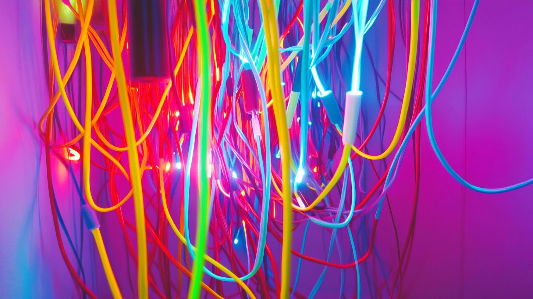 Tangled multi-colored electrical cables create a vibrant, energetic display against a backdrop of vivid purple and pink lighting, modern art. photo
