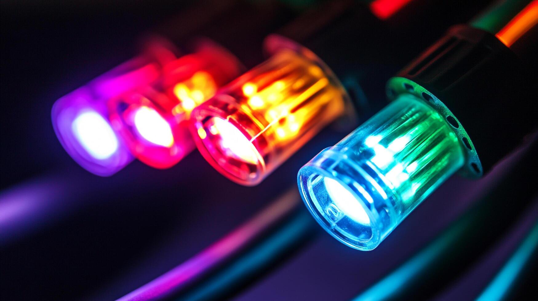 Close-up of illuminated optical fibers showcasing vibrant colors like purple, red, orange, and green against a blurred background. photo