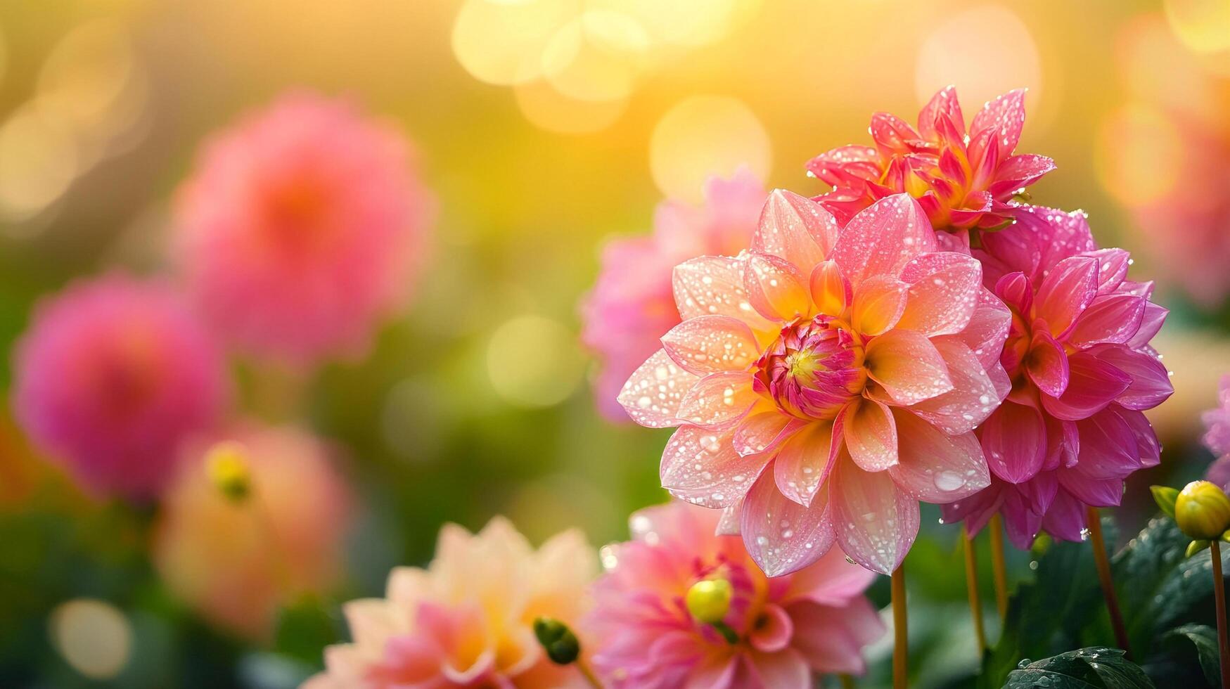Vibrant pink and orange dahlias glisten with water droplets, bathed in soft, golden light, showcasing nature's delicate beauty. photo