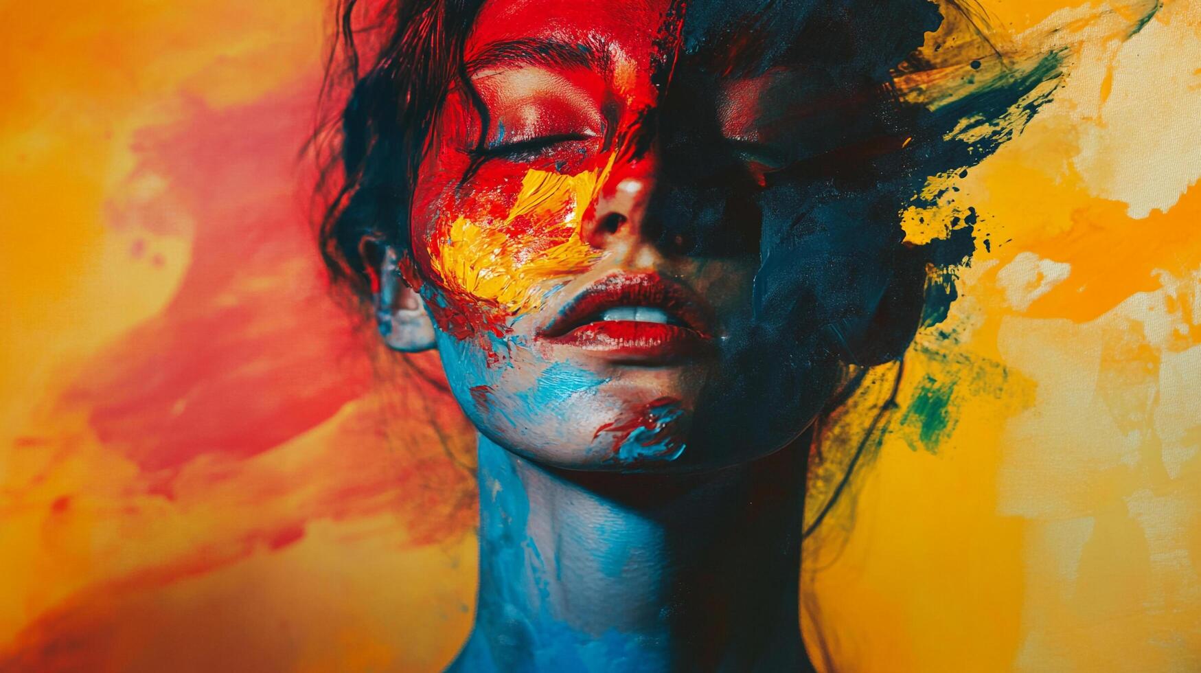 Abstract portrait with vibrant splashes of red, yellow, blue, and black paints, creating a visually striking artistic expression. photo