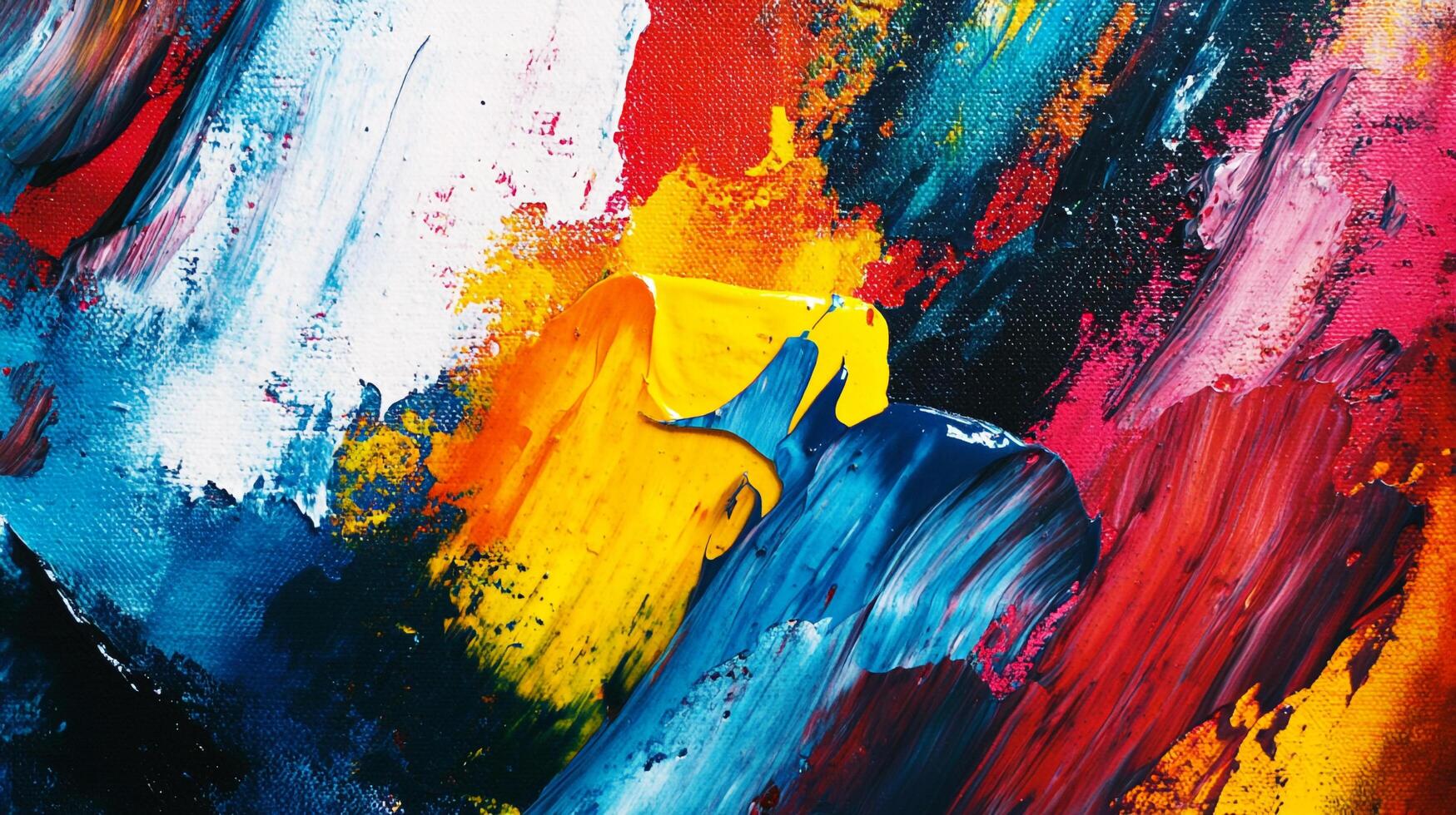 Abstract artwork featuring bold brushstrokes in vibrant colors like red, blue, yellow, and white, creating a textured, dynamic composition. photo
