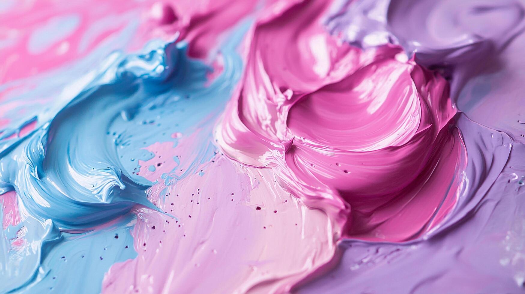 Colorful paint mixing close-up with strokes in blue, pink, and lavender hues. Creates abstract texture of beauty and artistic creativity. photo