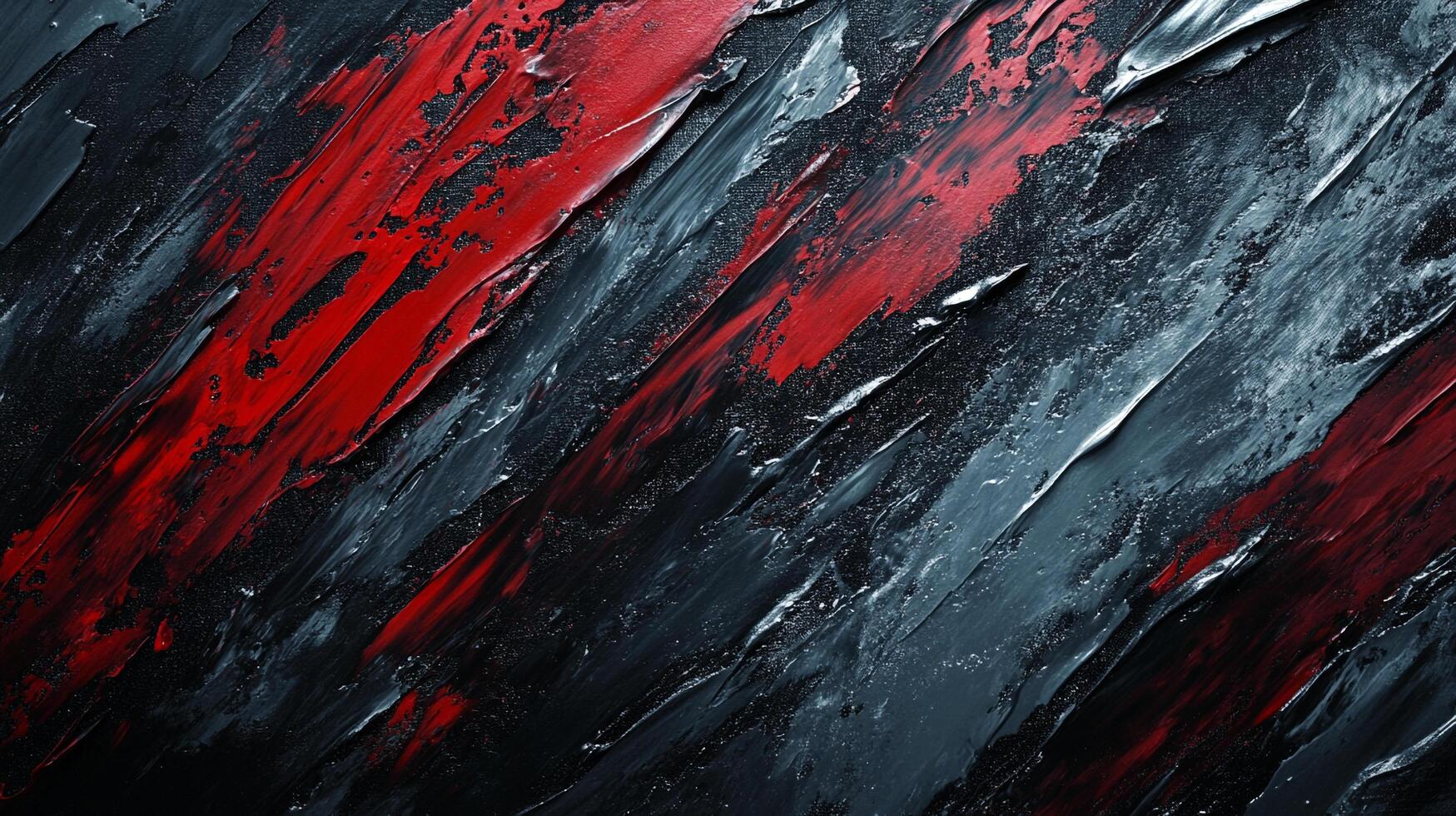 Abstract painting featuring bold strokes of red and contrasting shades of black and gray, creating a dynamic and textured surface. photo