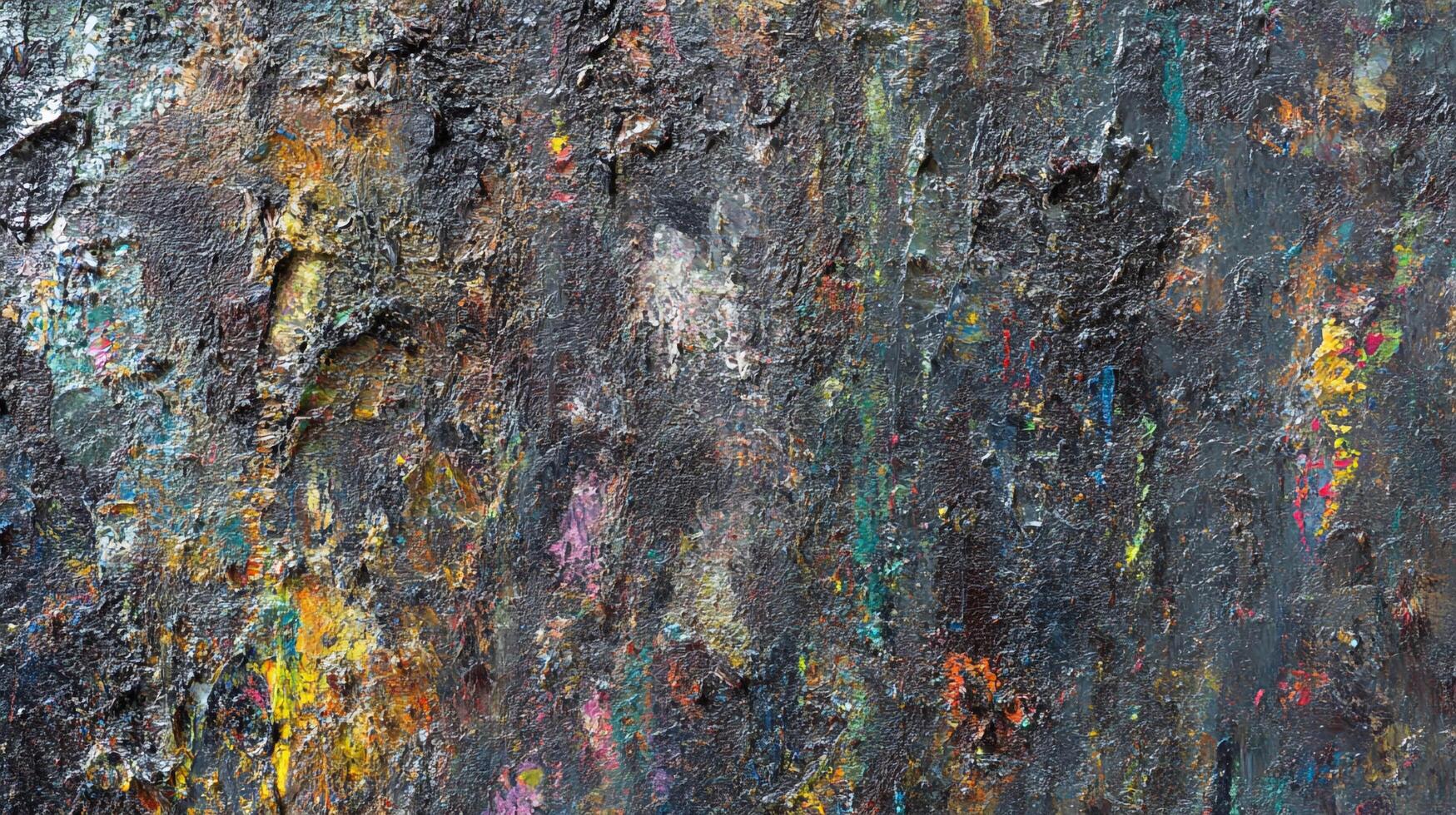 Abstract painting with rich textures and dark, moody tones contrasted by vibrant pops of color adding depth and visual intrigue. photo