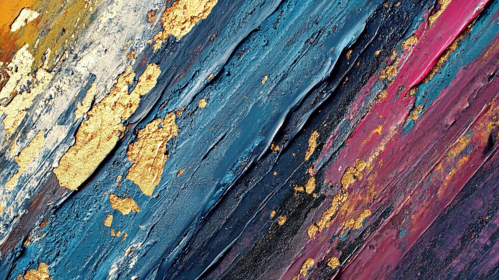 Abstract textural painting featuring bold strokes of blues, pinks, white, and gold. Diagonal lines create depth and movement across the surface. photo