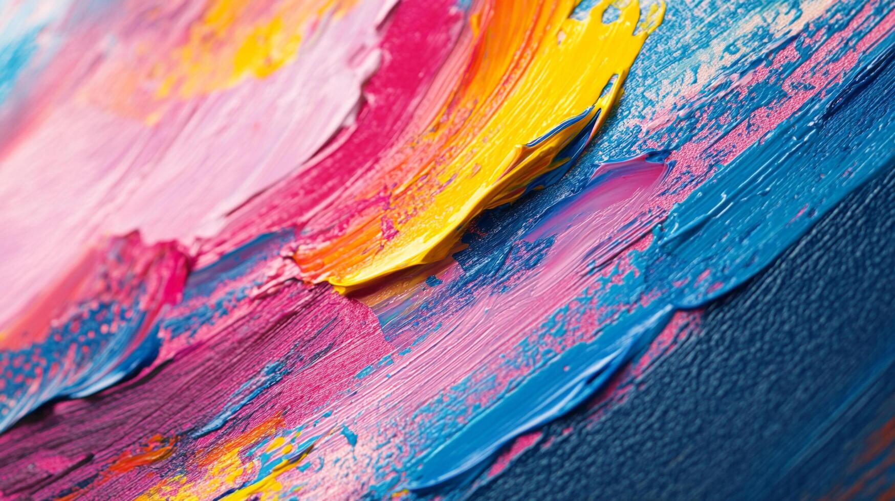 Close-up of vibrant brushstrokes in an abstract painting, showcasing rich textures and dynamic color combinations of pink, yellow and blue. photo