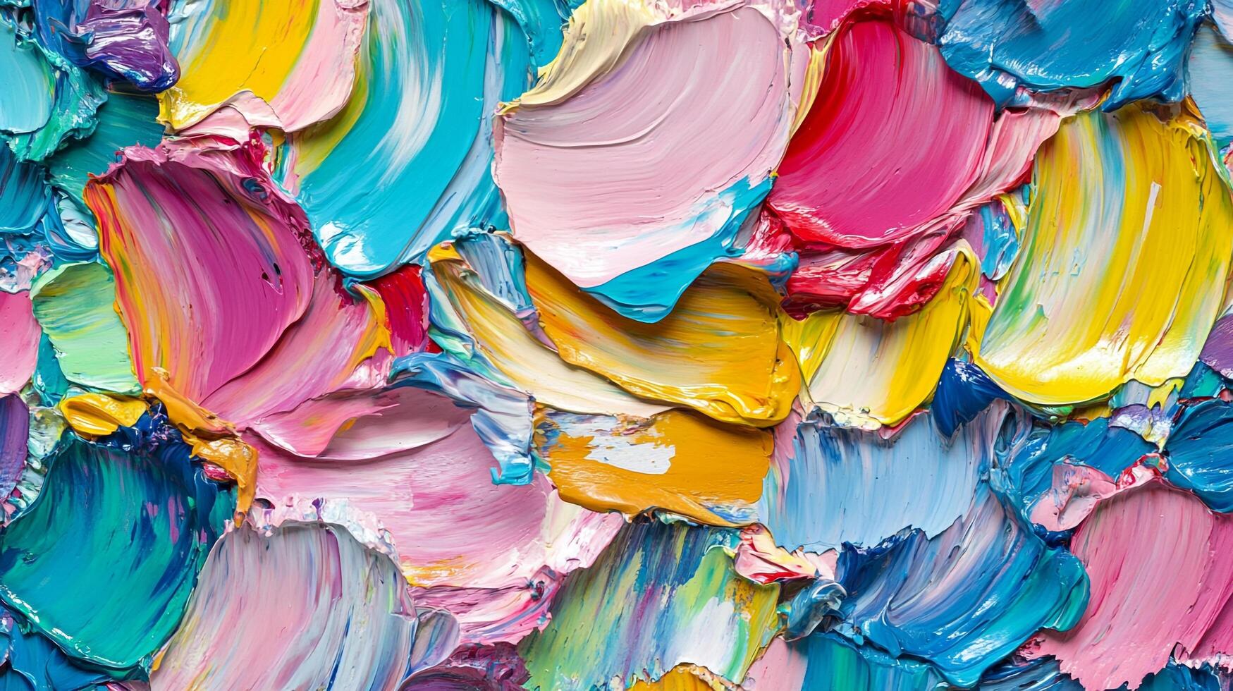 A vibrant and textured painting featuring a rich palette of colors applied in thick, expressive strokes, creating a dynamic abstract composition. photo