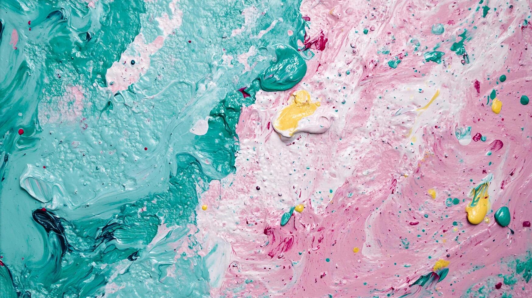 Abstract art piece featuring textured swirls of pink, teal, and yellow paint creating a dynamic and vibrant visual experience. photo