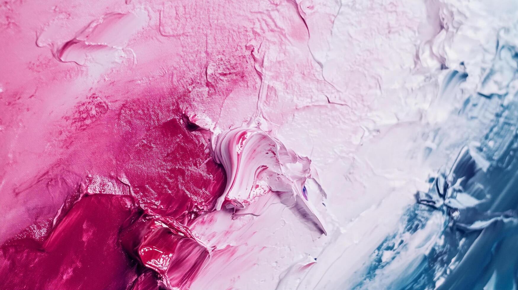 Abstract painting with pink, white, and blue hues, featuring thick textured brushstrokes creating a visually engaging artistic surface. photo