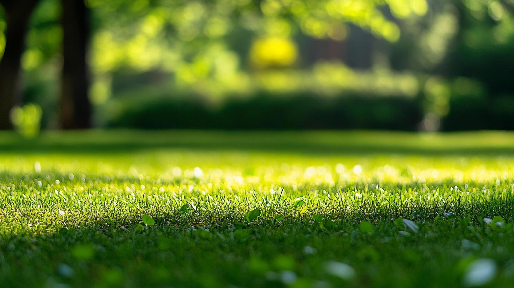A vibrant green lawn in a garden setting, with soft sunlight filtering through the trees, creating a serene and inviting atmosphere. photo