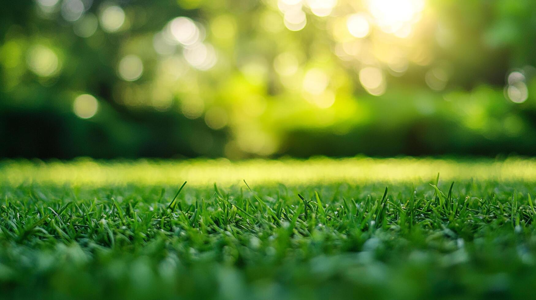 Lush green lawn bathed in soft sunlight, with trees blurred in the background. Fresh and inviting outdoor landscape. photo