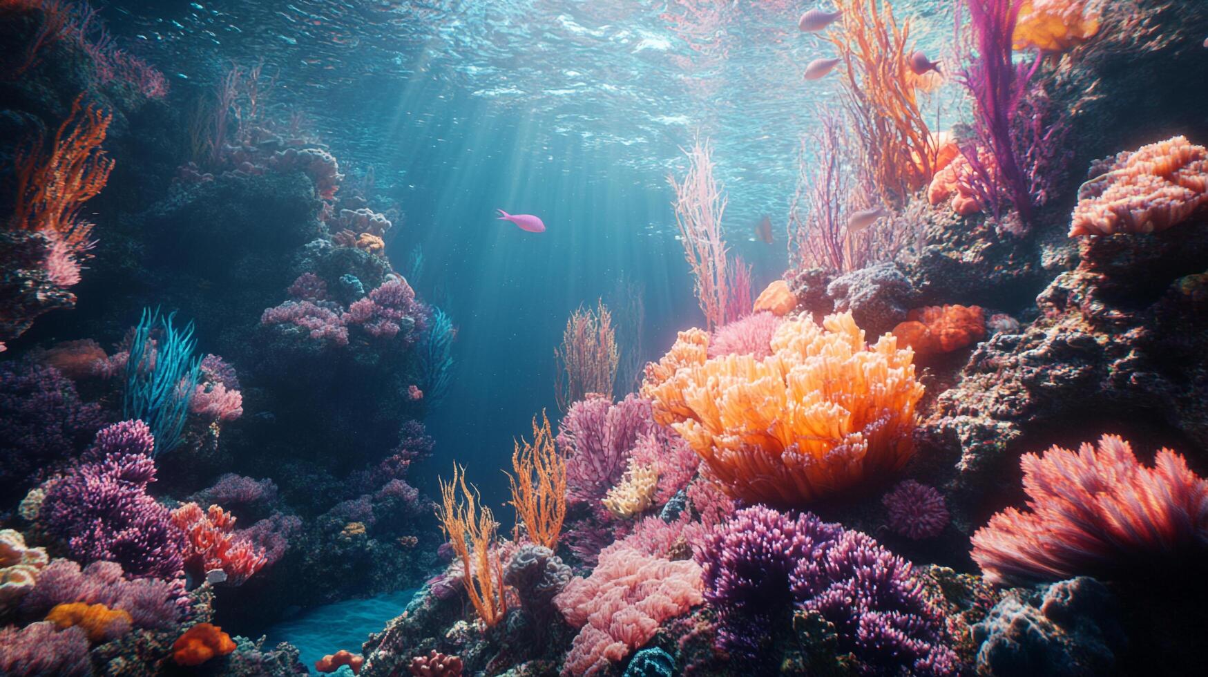 Underwater Coral Reef with Fish. Vivid colors, intricate formations, and dappled sunlight create a stunning marine landscape. photo