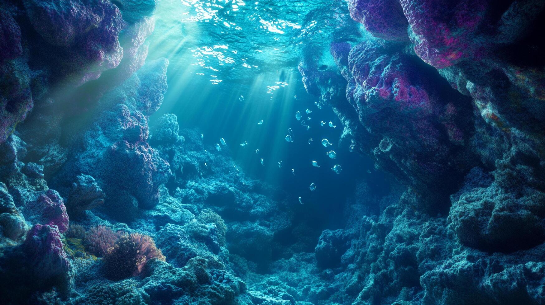 Underwater scene with sun rays penetrating through clear water, illuminating rock formations and marine life, creating a serene atmosphere. photo