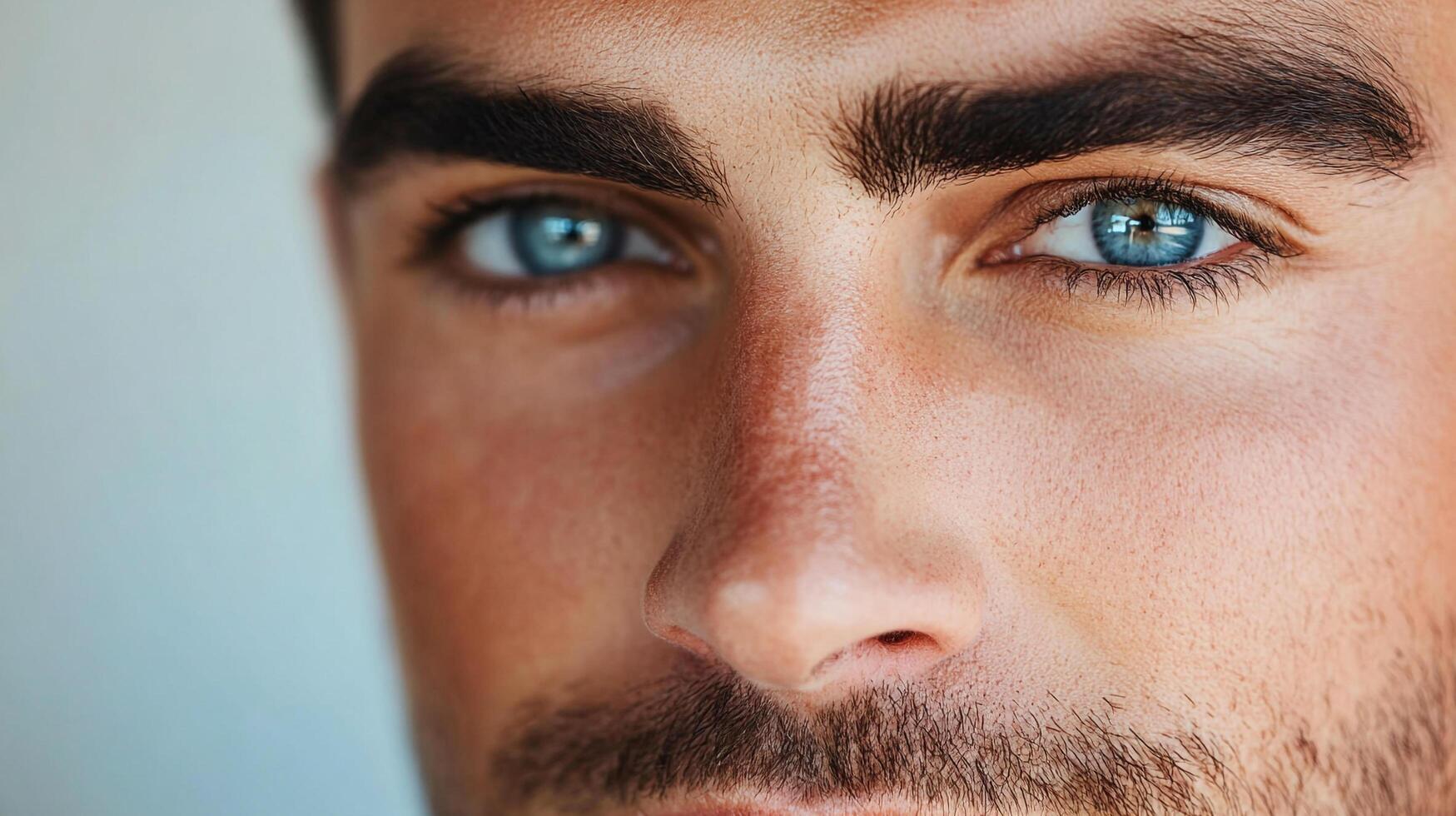 Detailed close-up of a man's face highlighting striking blue eyes and facial features, creating an intimate and captivating image. photo