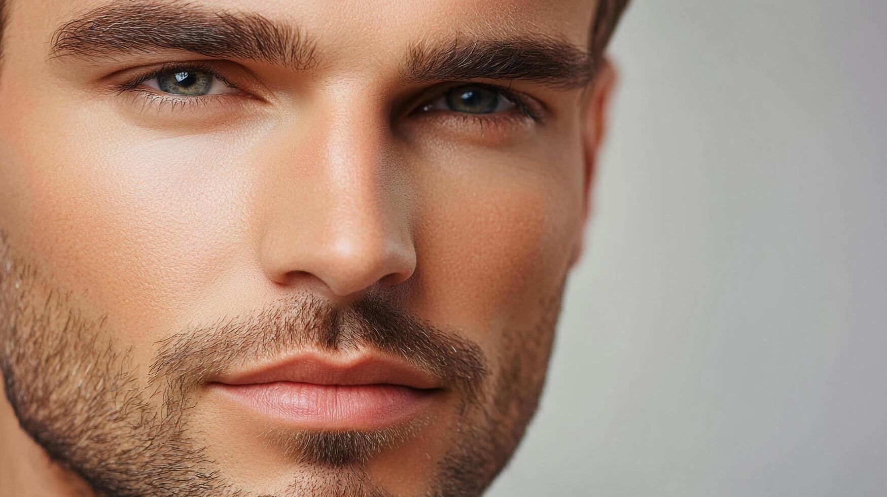 Close-up of a handsome man with captivating eyes, showcasing a clean complexion, well-groomed facial hair, and striking features. photo