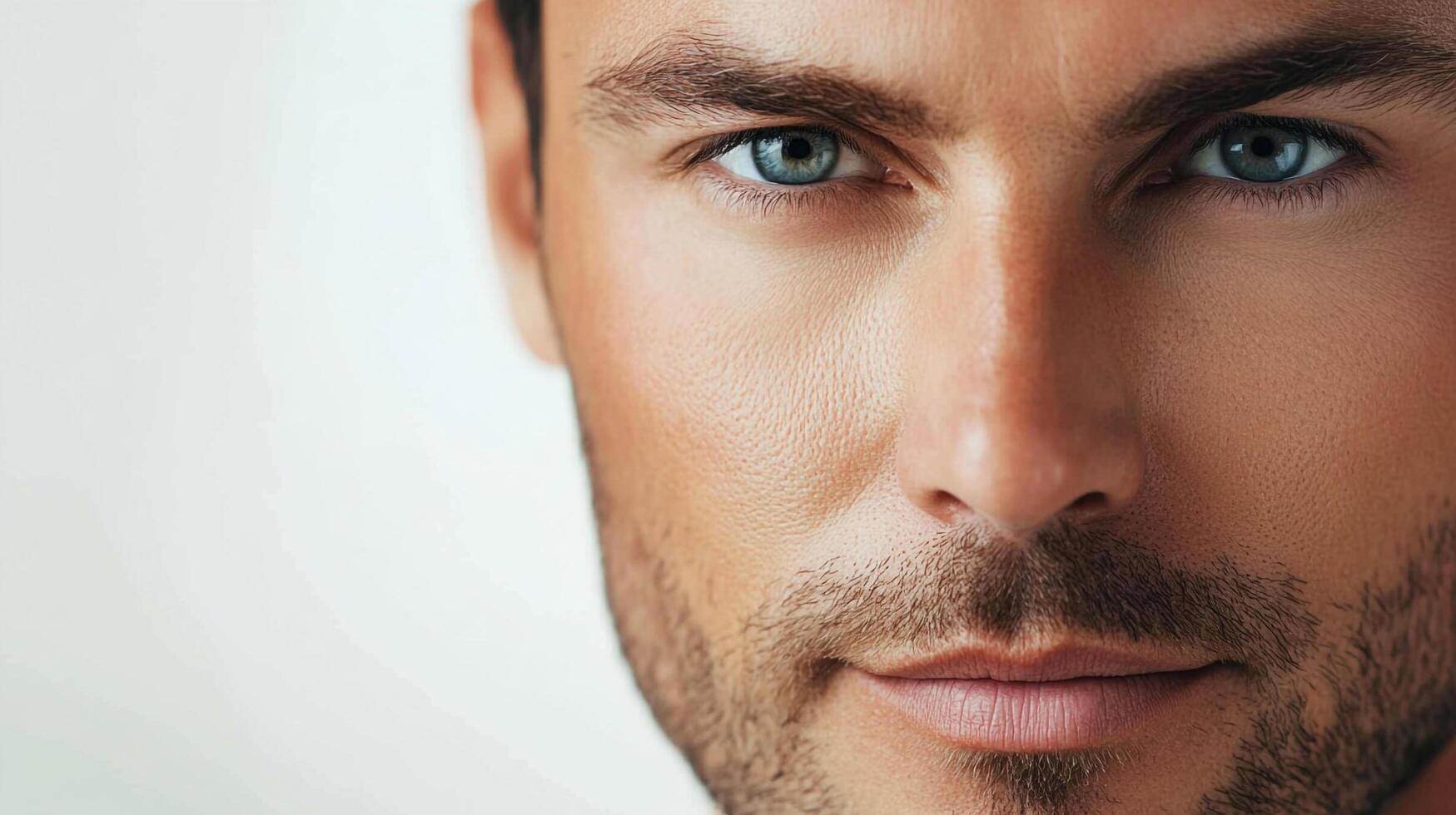 Close-up portrait of a handsome man with piercing blue eyes, defined features, and light stubble against a clean, neutral background. photo