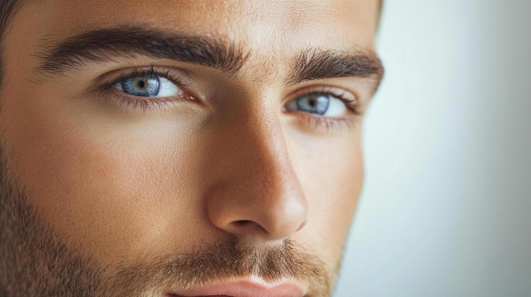 Close-up portrait of a man with striking blue eyes, showcasing his sharp facial features and fair skin against a neutral background. photo