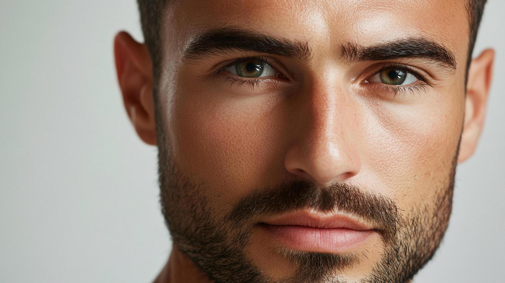 Close-up of a man's face showcasing his features, including his eyes, nose, and beard, against a plain backdrop with soft, neutral lighting. photo