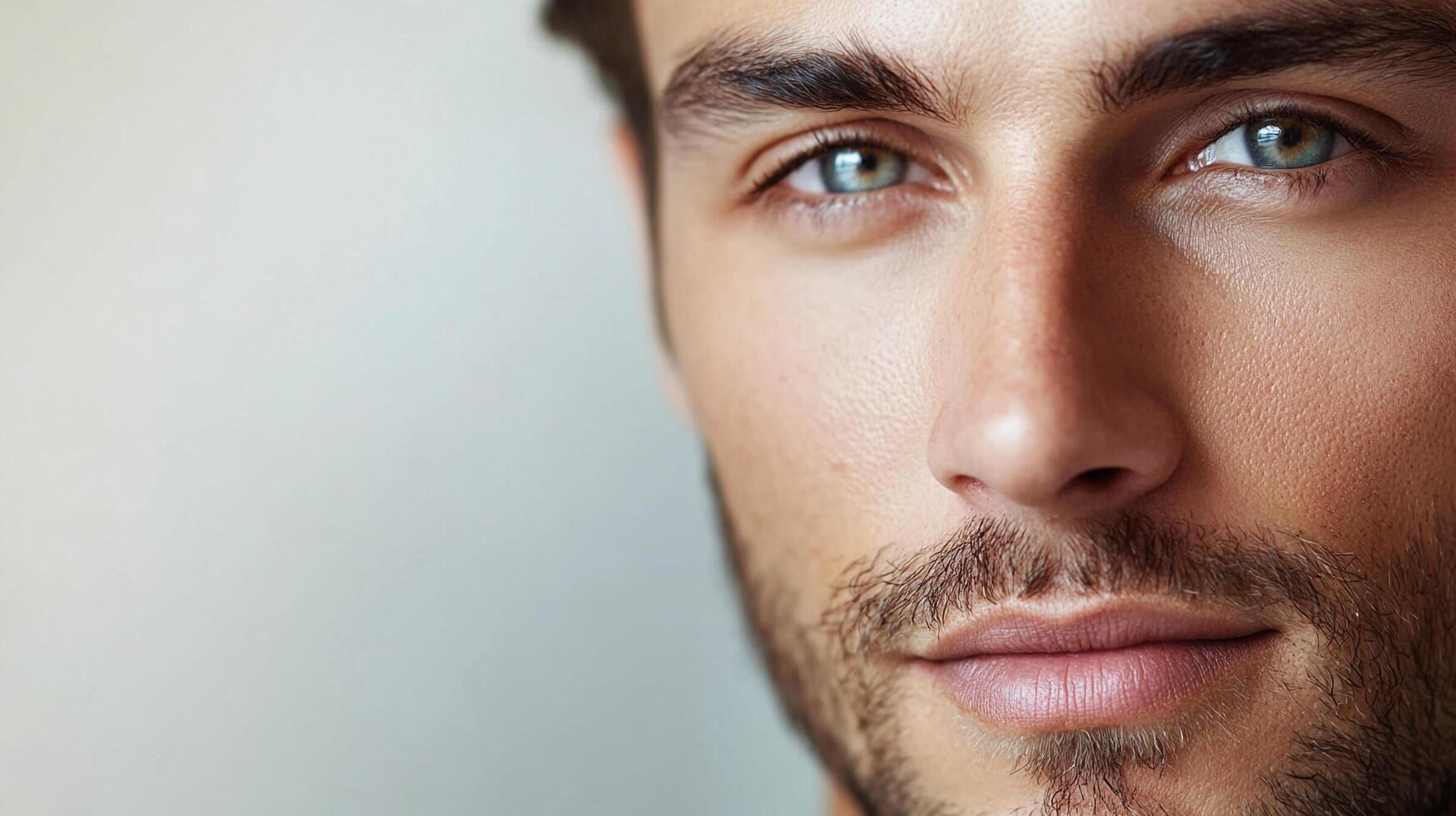 Close up of a man's face showing details of skin, eyes, and facial hair, emphasizing natural features and subtle textures. photo