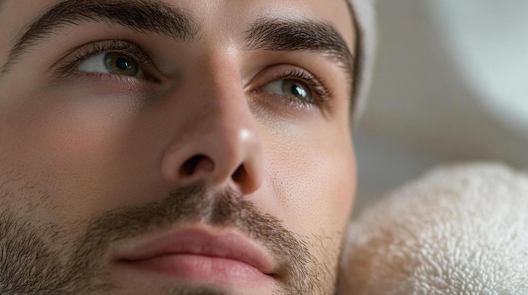 Close-up of a serene man with clear skin and hazel eyes. He has a towel around his head and appears to be relaxing at a spa. photo