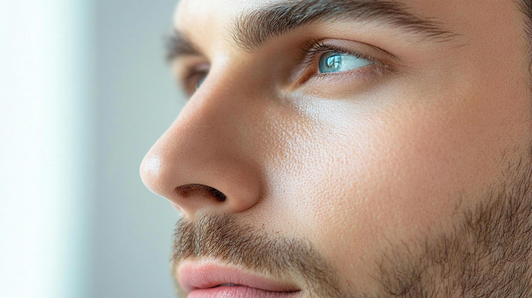 Portrait of a man with striking blue eyes looking out of frame, capturing a moment of contemplation and quiet introspection. photo