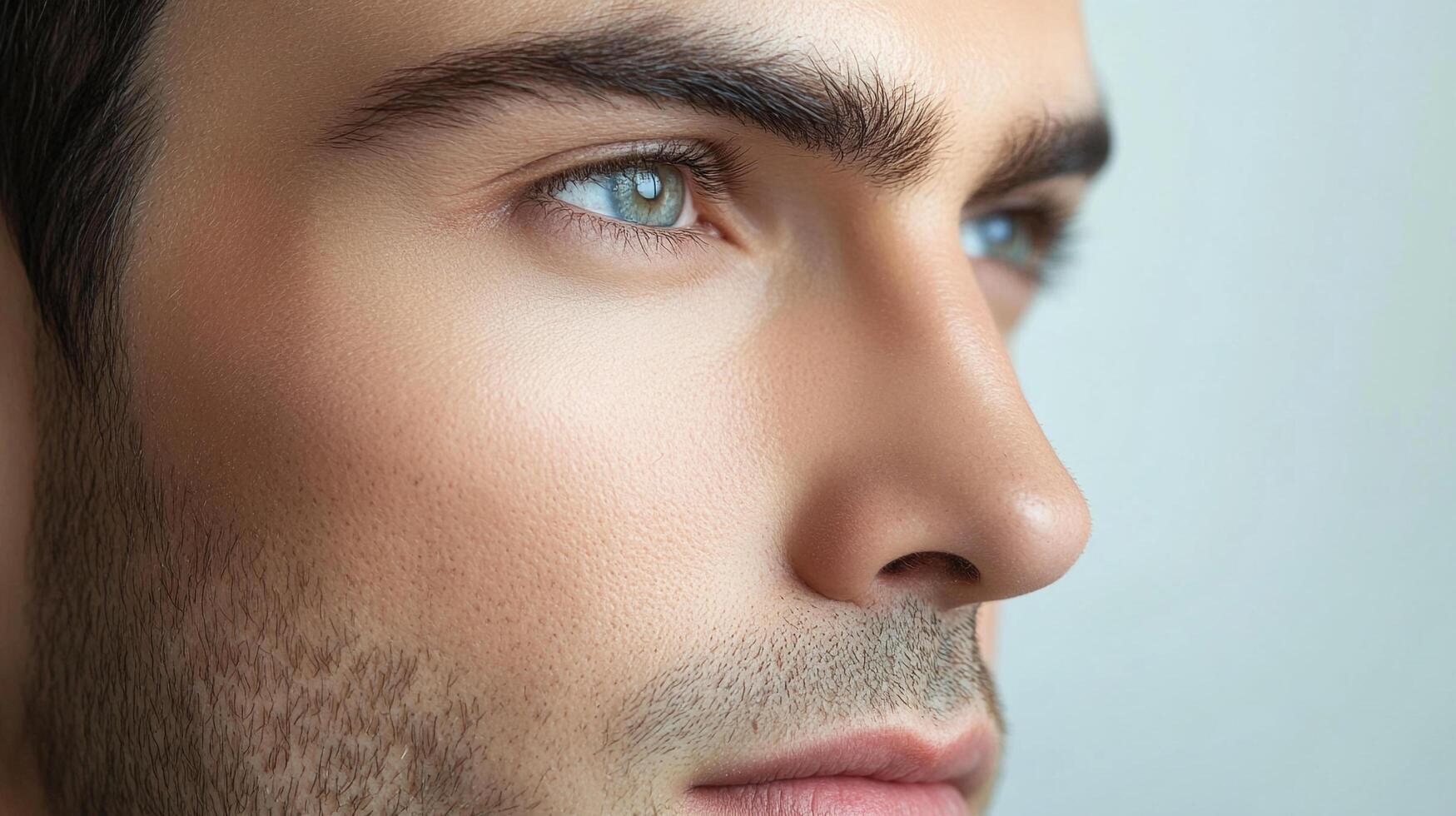 Close-up portrait of a man with striking light eyes, showing a natural, clean complexion and well-groomed eyebrows and beard. Minimalist aesthetic. photo