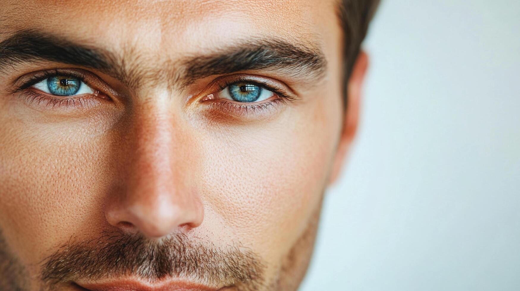 Close-up captures a man's intense gaze with striking blue eyes and distinct facial features against a neutral backdrop. photo