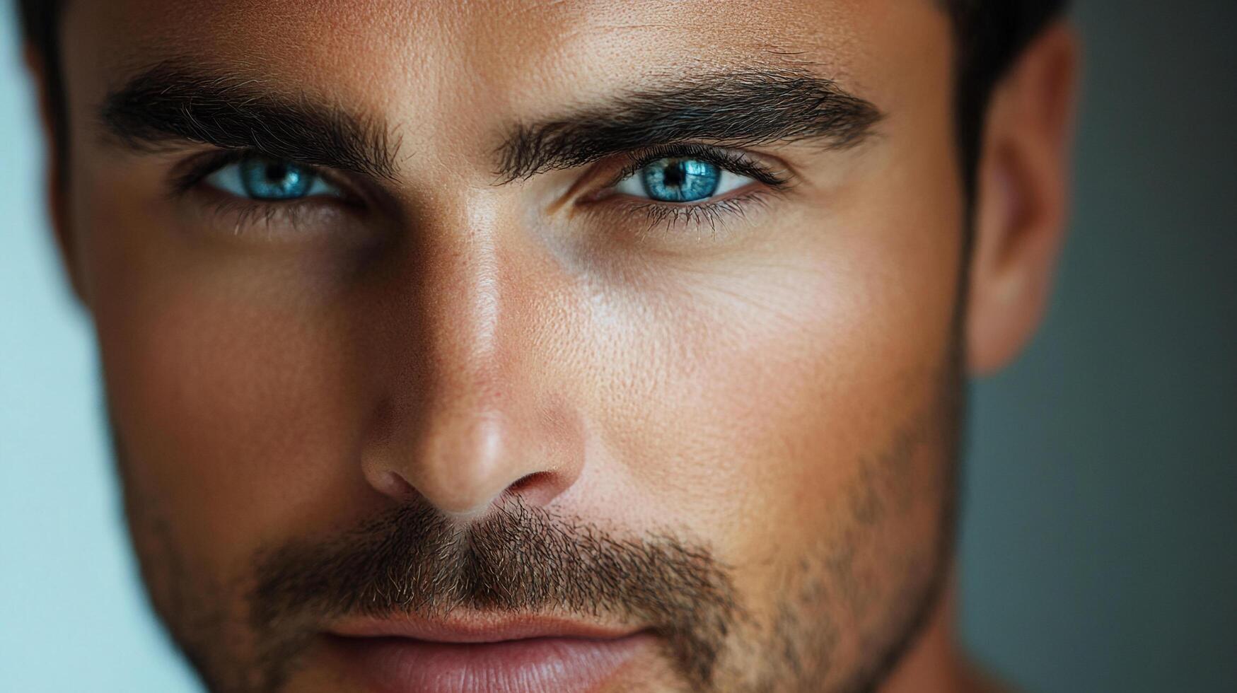 Intense gaze with striking blue eyes. Well-groomed, confident man showcasing a strong facial structure and captivating eye contact. photo