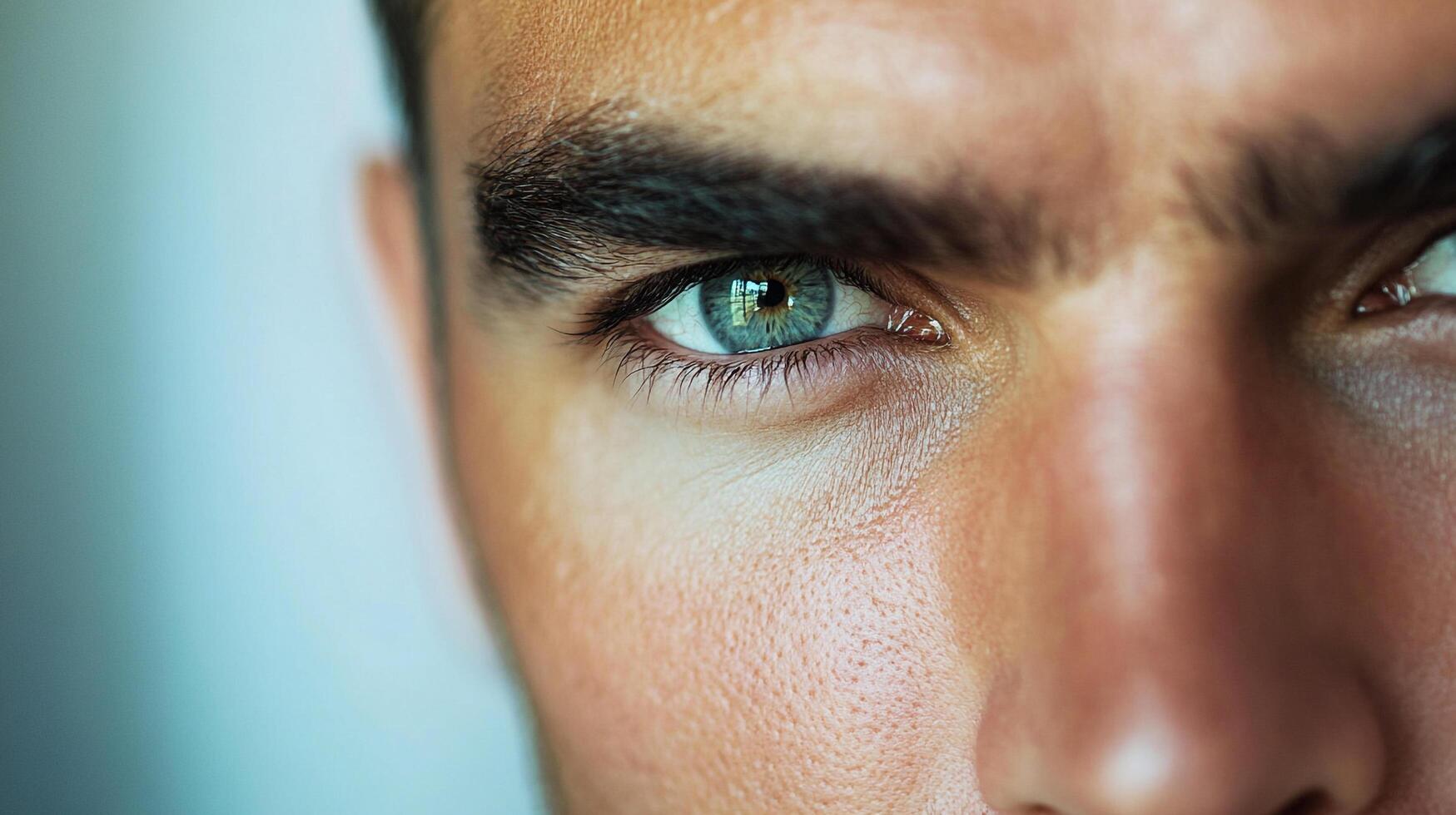 An intense close-up of a man's face, emphasizing his piercing blue eye and strong brow. The depth of detail captures his gaze. photo