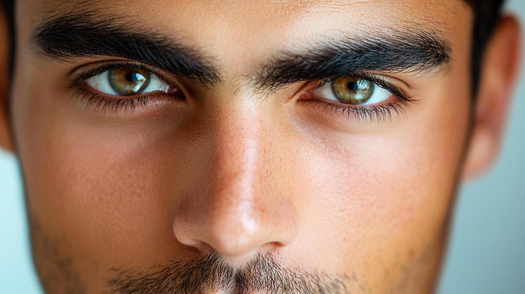 Close-up portrait emphasizing captivating eyes, sharp eyebrows, well-defined nose, and subtly visible facial hair. photo